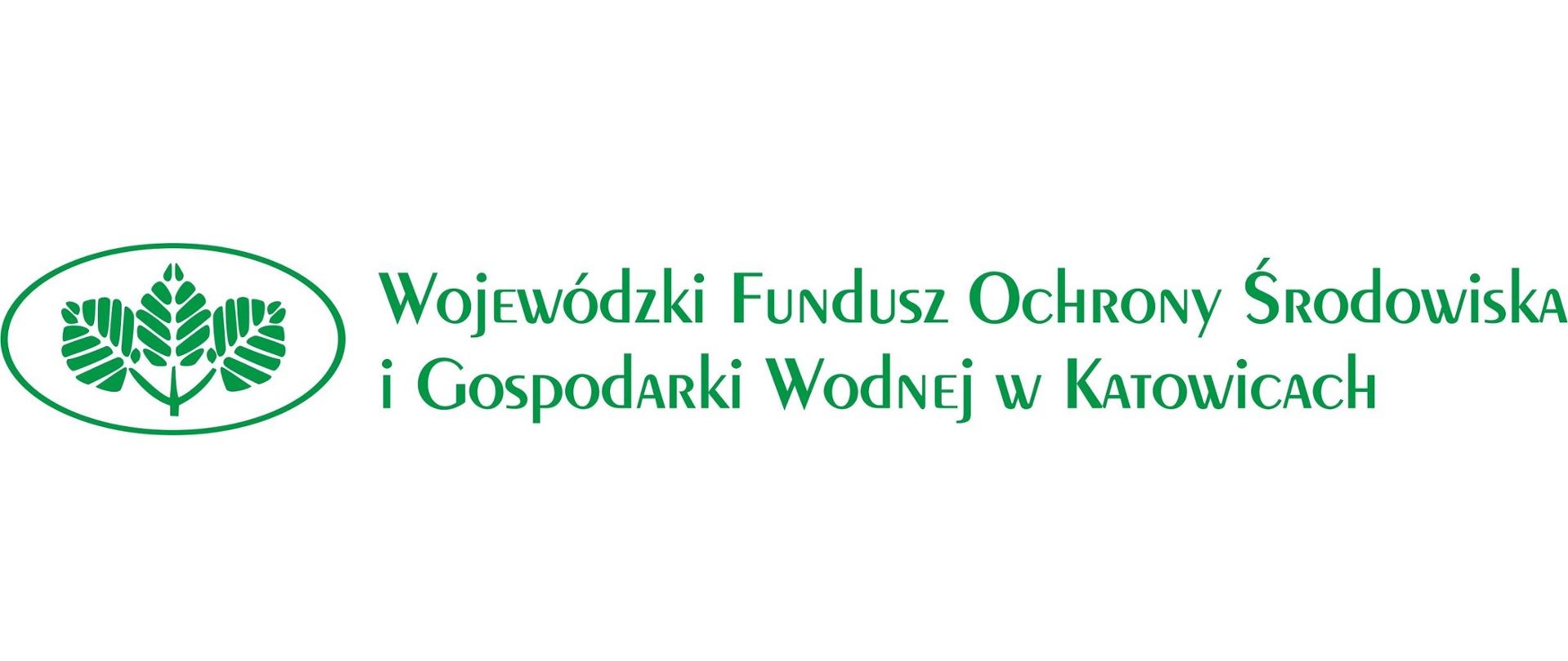 Logo Wojewódzkiego Funduszu Ochrony Środowiska i Gospodarki Wodnej w Katowicach. Na białym tle trzy zielone liście w zielonym owalu. Po prawej stronie napis w zielonym kolorze WFOŚiGW w KATOWICACH 