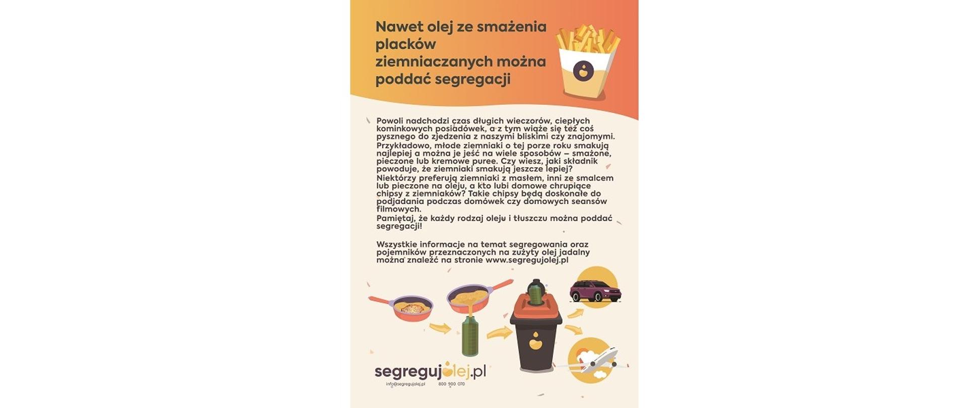 Segregujmy oleje! Na ilustracji frytki w kartonowym pudełku. Hasło: Nawet olej ze smażenia placków ziemniaczanych można poddać segregacji 