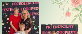 Dyrekcja i logopeda pozują do zdjęcia z dziećmi - laureatami konkursu