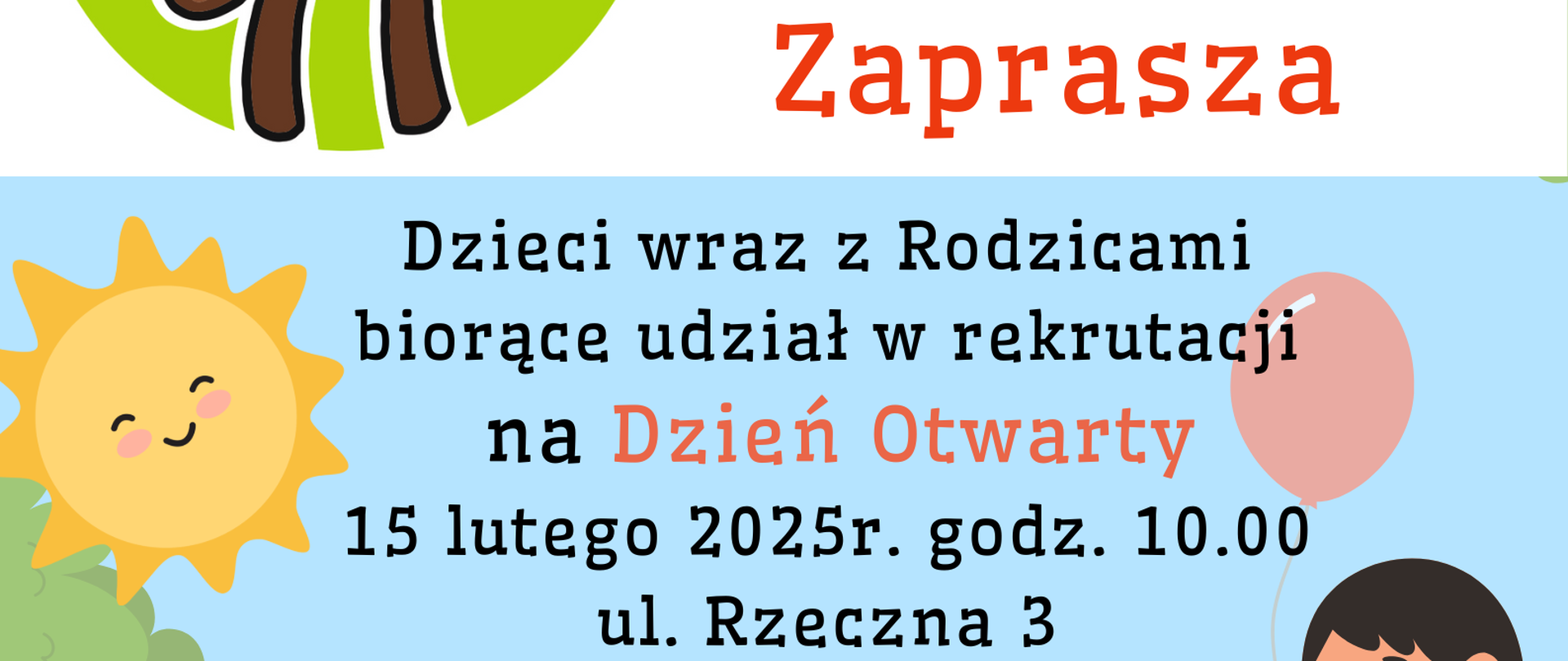 Zaproszenie na dzień otwarty - pod nazwą przedszkola z wizerunkiem Żubra Pompika, umieszczono informacje organizacyjne, zawarte w artykule. Treści otaczają grafiki wesołych dzieci.