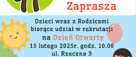 Zaproszenie na dzień otwarty - pod nazwą przedszkola z wizerunkiem Żubra Pompika, umieszczono informacje organizacyjne, zawarte w artykule. Treści otaczają grafiki wesołych dzieci.