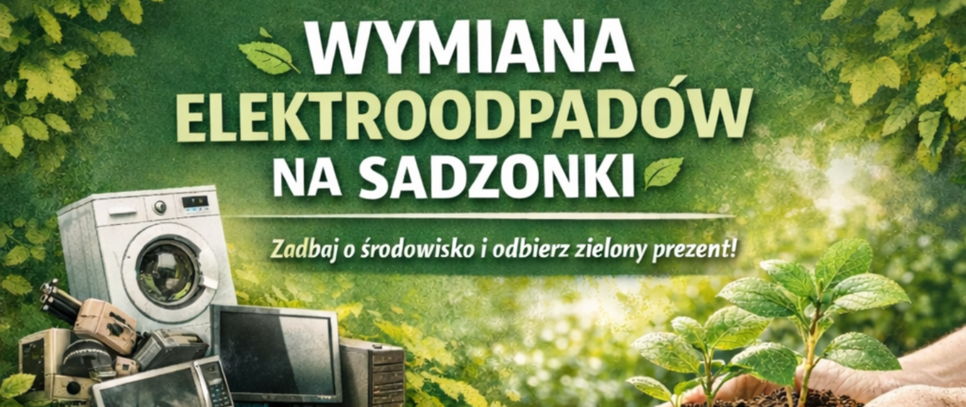 Plakat promujący akcję ekologiczną „Wymiana elektroodpadów na sadzonki”. Na zielonym tle z motywem liści widoczne są zużyte sprzęty elektroniczne, takie jak pralka, komputer i telewizor, zestawione z dłonią trzymającą młodą roślinę w ziemi. W centralnej części znajduje się informacja o terminie wydarzenia – 20 kwietnia 2026 roku w godzinach 15:00–17:00 oraz miejscu: ul. Targowa w Kalwarii Zebrzydowskiej (plac targowy).
Plakat zawiera sekcję informacyjną dotyczącą elektroodpadów możliwych do oddania, m.in. sprzęt AGD, telewizory, komputery, telefony, baterie i ładowarki. W zamian uczestnicy otrzymują sadzonki roślin, przy czym liczba sadzonek jest ograniczona. Na dole widoczne są logotypy organizatorów i partnerów: Gmina Kalwaria Zebrzydowska, Koło Gospodyń Wiejskich w Zebrzydowicach oraz Green Office Ecologic Sp. z o.o.