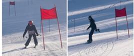 kadry z zawodów narciarskich i snowboardowych. Pojedyncze osoby pokonują slalom.