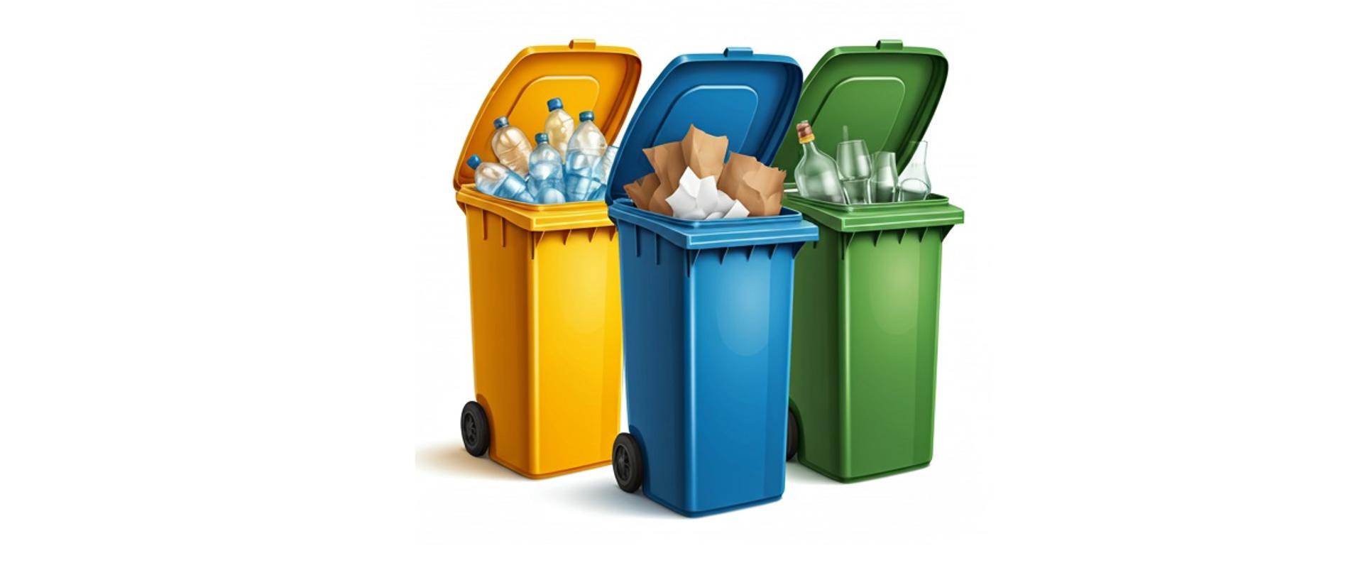 Otwarte kosze na śmieci. Z żółtego wystają plastikowe butelki, z niebieskiego papier z zielonego szklane butelki