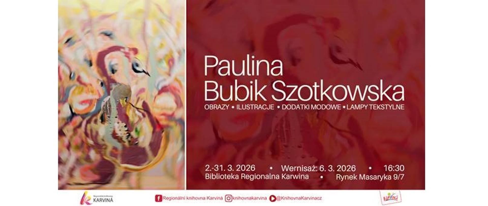 Wystawa w Karwinie. Obrazy, ilustracje, dodatki modowe, lampy tekstylne. 2-31.3.2026. Biblioteka Regionalna Karwina