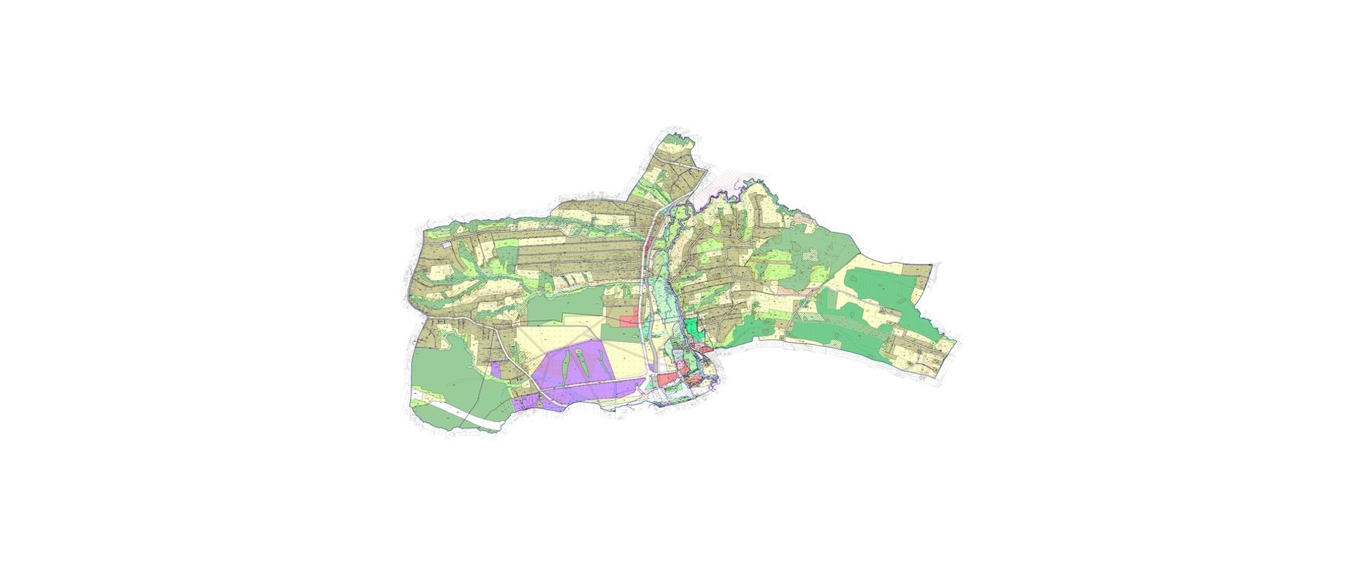 Poglądowa miniatura mapy miejscowości z podziałem na poszczególne obszary zagospodarowania przestrzennego