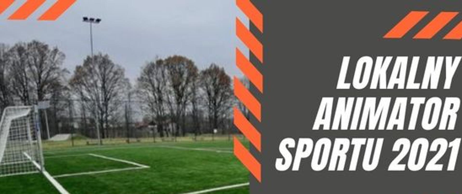 Na plakacie z lewej strony boisko sportowe oraz bramka z tyłu mało widoczne drzewa. Prawa strona zawiera informację "Lokalny animator sportu 2021" 