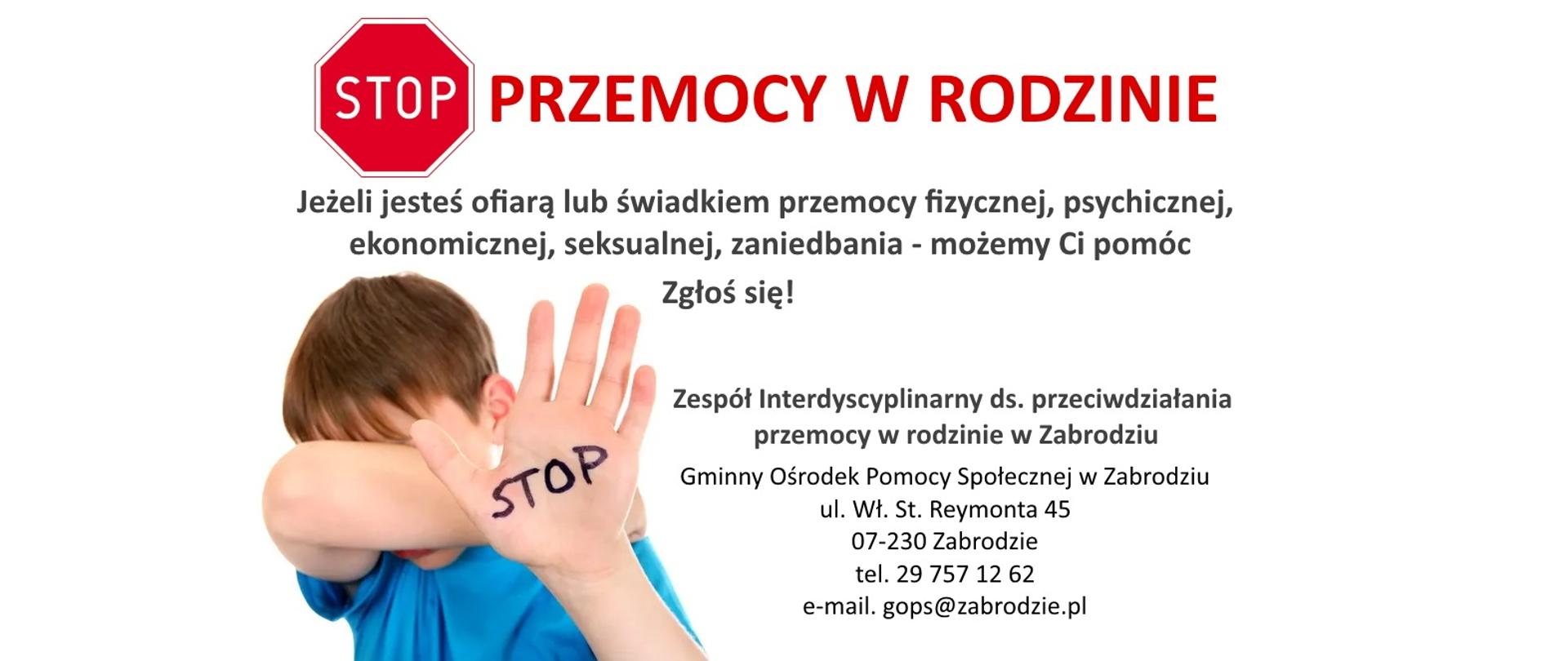 Chłopiec zasłaniający twarz prawą ręką, na wyciągniętej lewej dłoni napis STOP