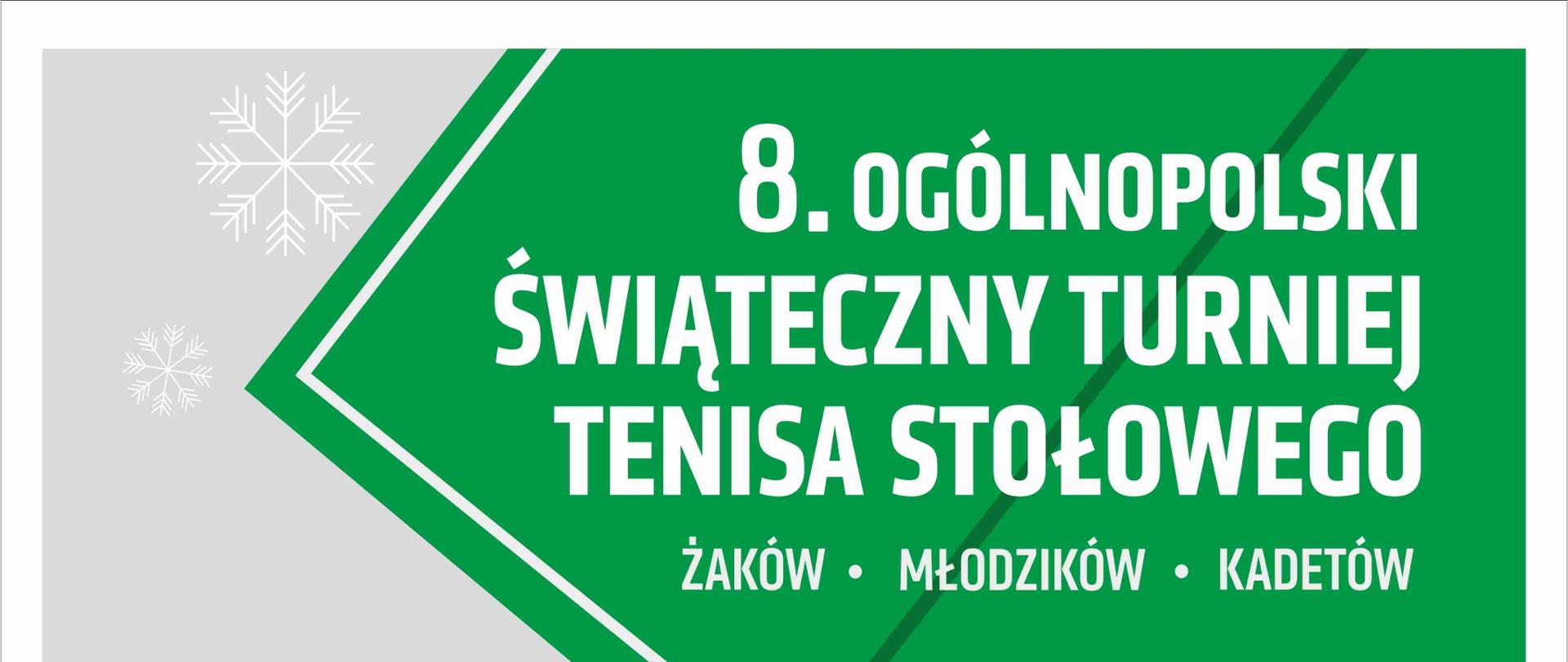 Plakat turnieju. Od góry zawiera następującą treść: 8. Ogólnopolski Świąteczny Turniej Tenisa Stołowego w Kraśniku żaków, młodzików, kadetów; 16-17 grudnia 2023; Kraśnik/hala SP nr 2; 16.12/sobota, 9:30 ceremonia otwarcia, 10:00-18:00 turniej eliminacyjny; 17.12/niedziela, 9:00-12:00 gry ćwierćfinałowe, półfinały, pojedynki finałowe; 12:30 uroczyste podsumowanie zawodów. W środkowej części plakatu umieszczona jest grafika dwóch rakietek do tenisa stołowego.