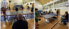 Kolaż zdjęć rozgrywek w ping pongu o puchar sołtysa. 