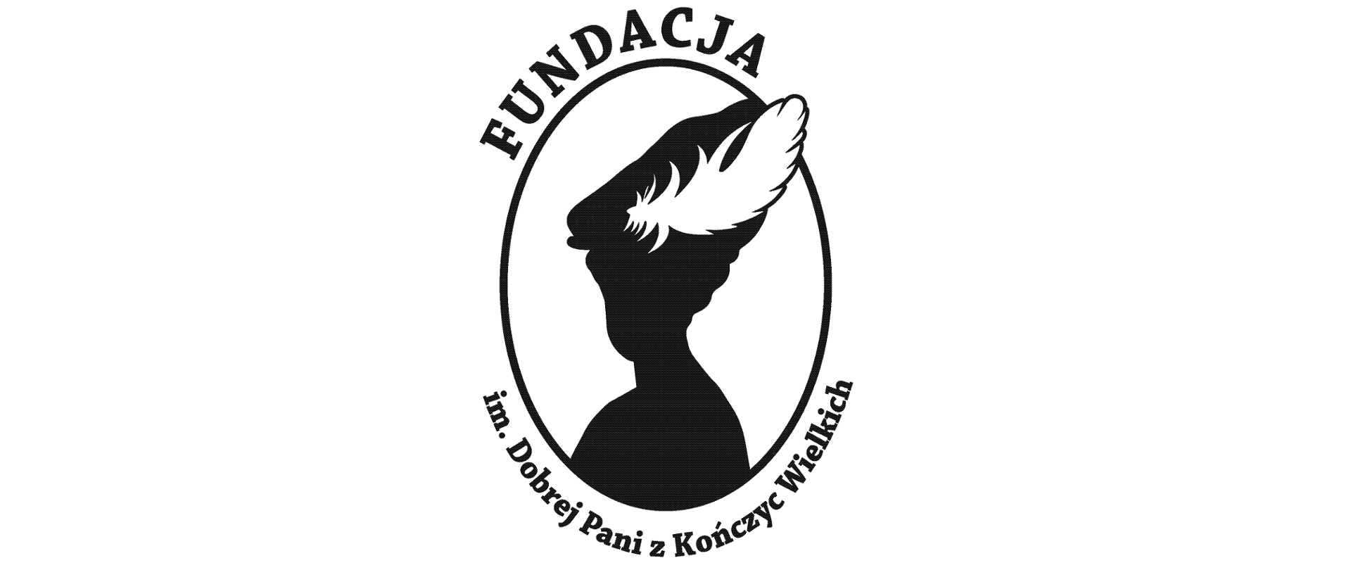 Logo Fundacji imienia Dobrej Pani z Kończyc Wielkich. W owalu kobieca sylwetka z kapeluszem z piórem na głowie. U góry napis: FUNDACJA, u dołu napis: im. Dobrej Pani z Kończyc Wielkich