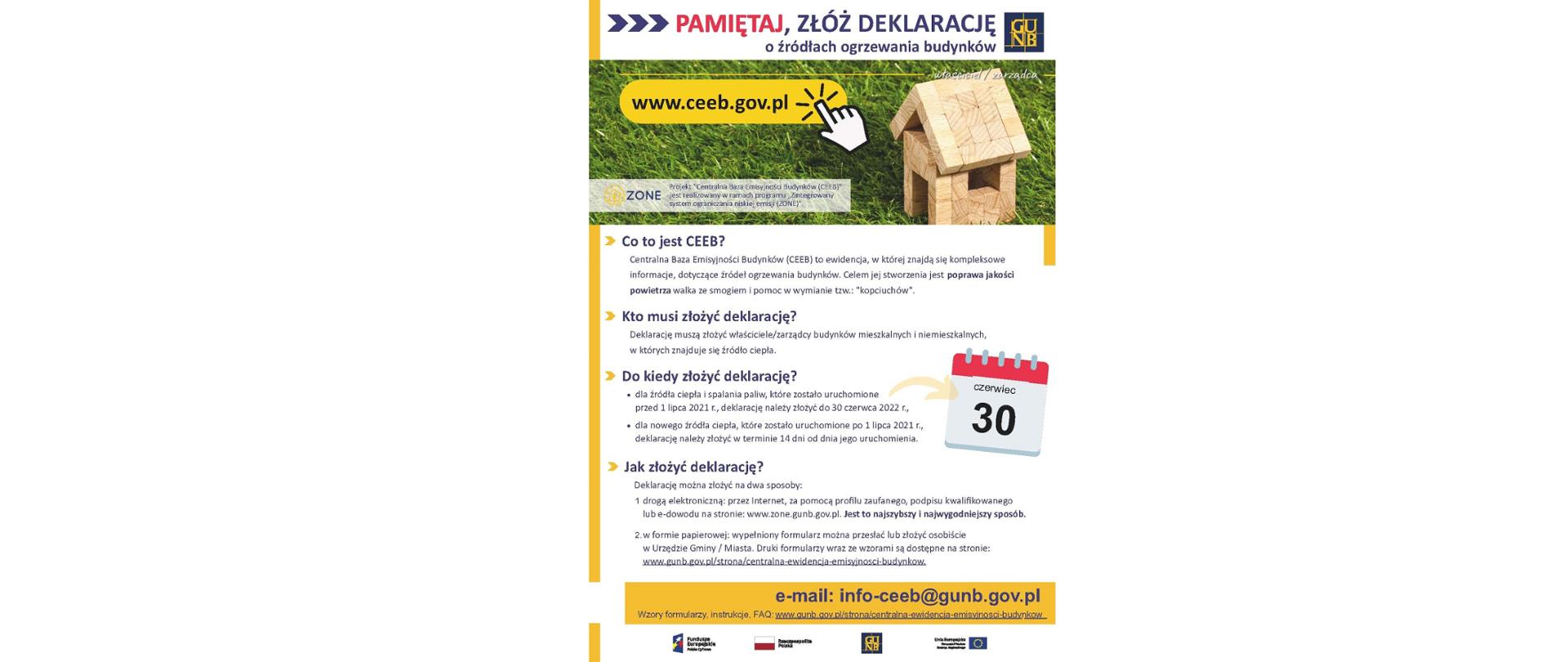 Ulotka informacyjna. Pamiętaj, złóż deklarację o źródłach ogrzewania budynków.