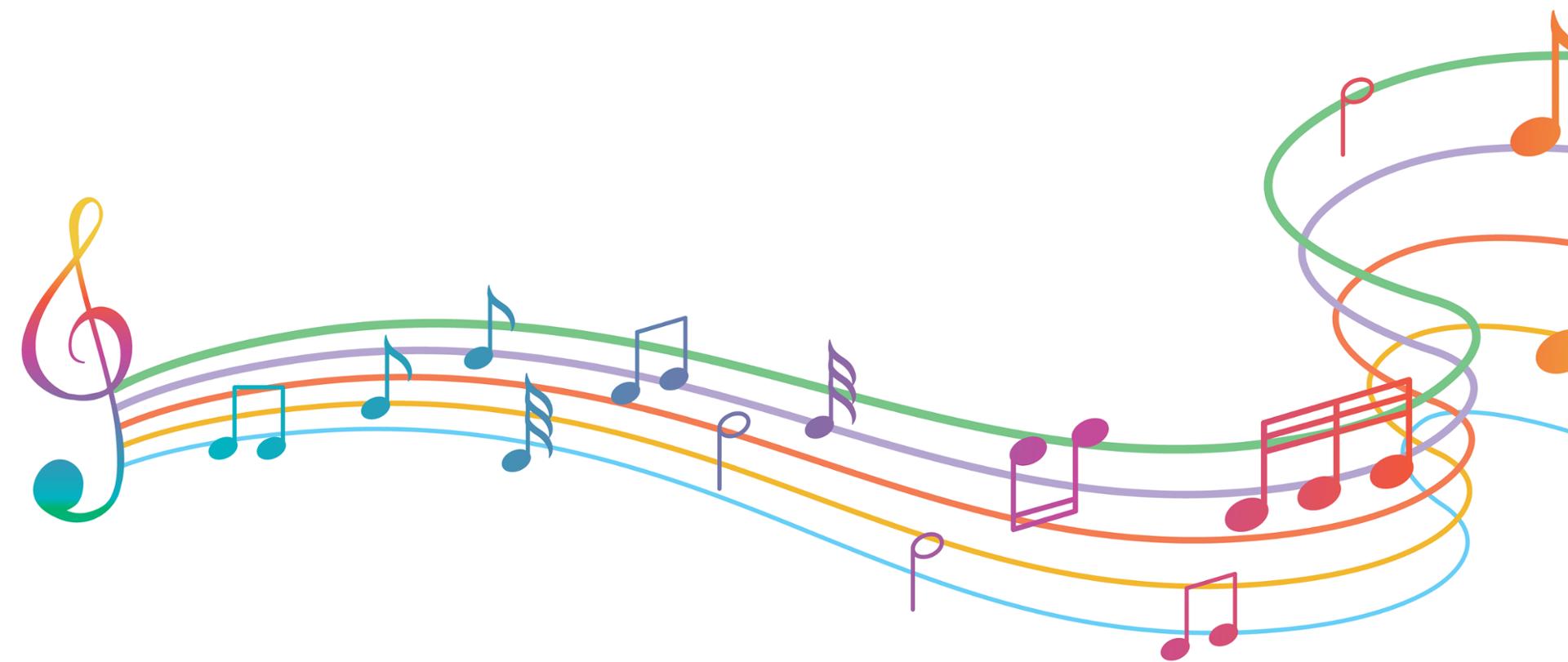 Na białym tle przedstawiona jest kolorowa pięciolinia z nutami oraz kluczek wiolinowym