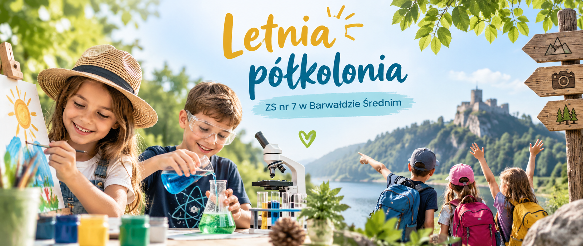Grafika promująca letnią półkolonię w Zespole Szkół nr 7 w Barwałdzie Średnim. Przedstawia dzieci podczas zajęć plastycznych i eksperymentów naukowych oraz grupę uczestników na wycieczce w otoczeniu przyrody. Na grafice widnieje napis: „Letnia półkolonia – ZS nr 7 w Barwałdzie Średnim”.