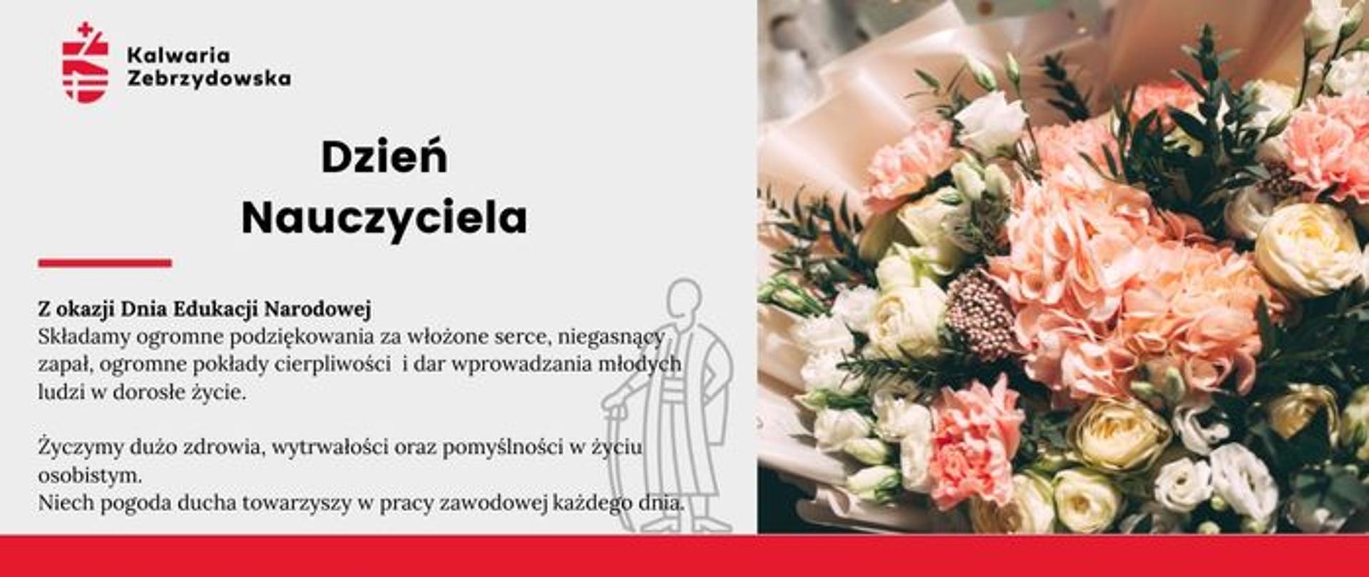 Po prawej stronie wiązanka kwiatów, po lewej plansza z tekstem życzeń. 