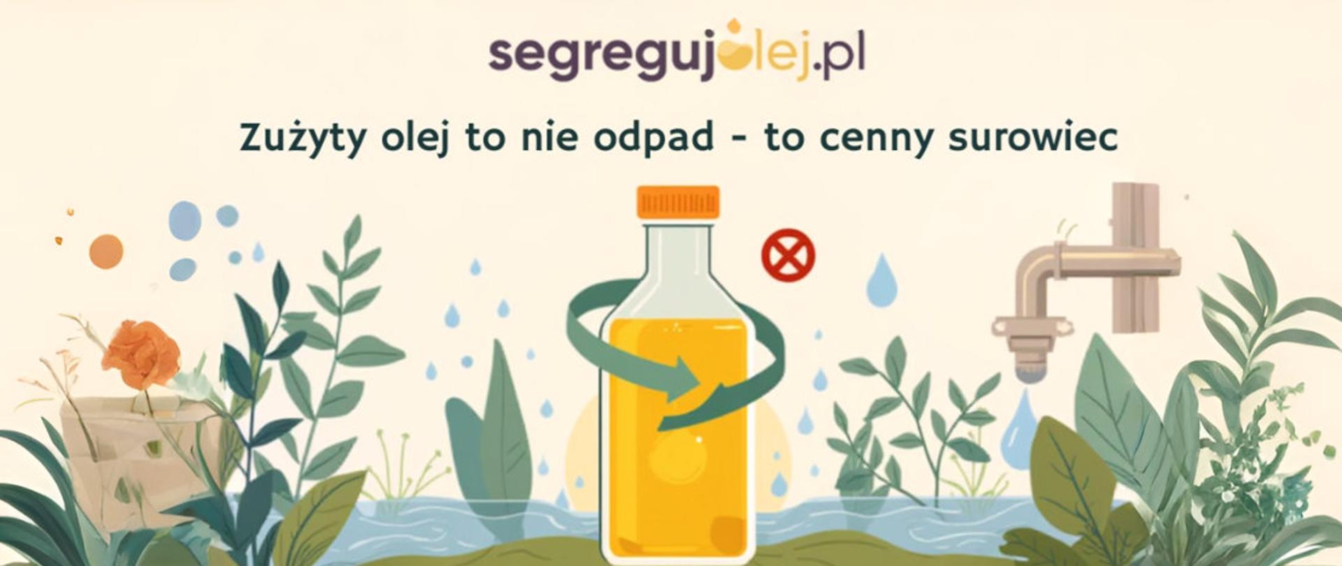 Pastelowy rysunek wypełnionej olejem butelki w otoczeniu roślinności i wody