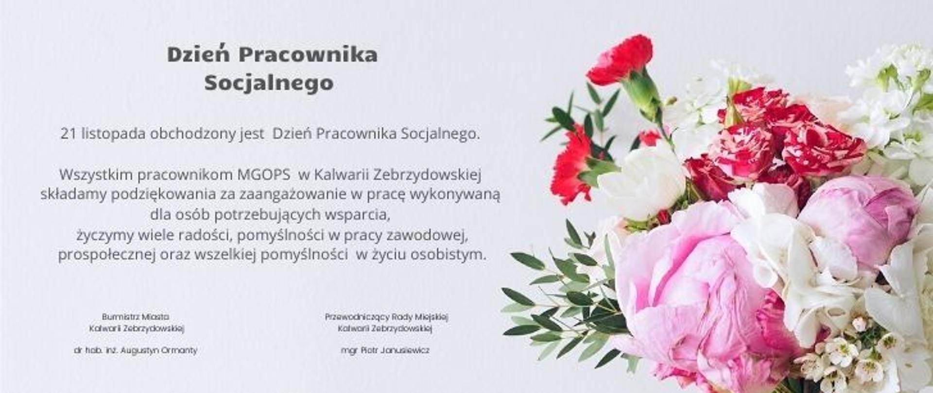 Plansza z życzeniami - Dzień Pracownika Socjalnego. Po prawej stronie widoczny bukiet kwiatów 