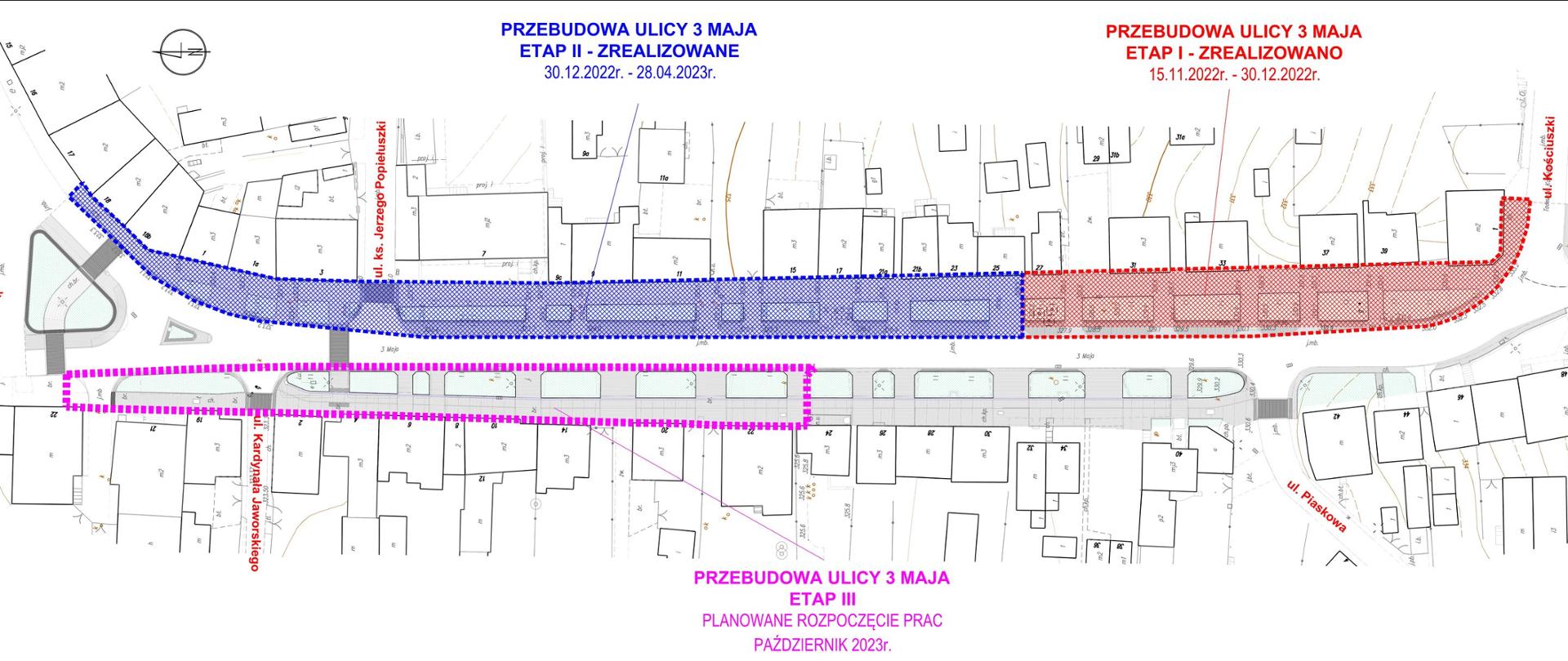 Mapa projektowa z zaznaczonymi kolorem etapami przebudowy ul. 3 Maja w Kalwarii Zebrzydowskiej