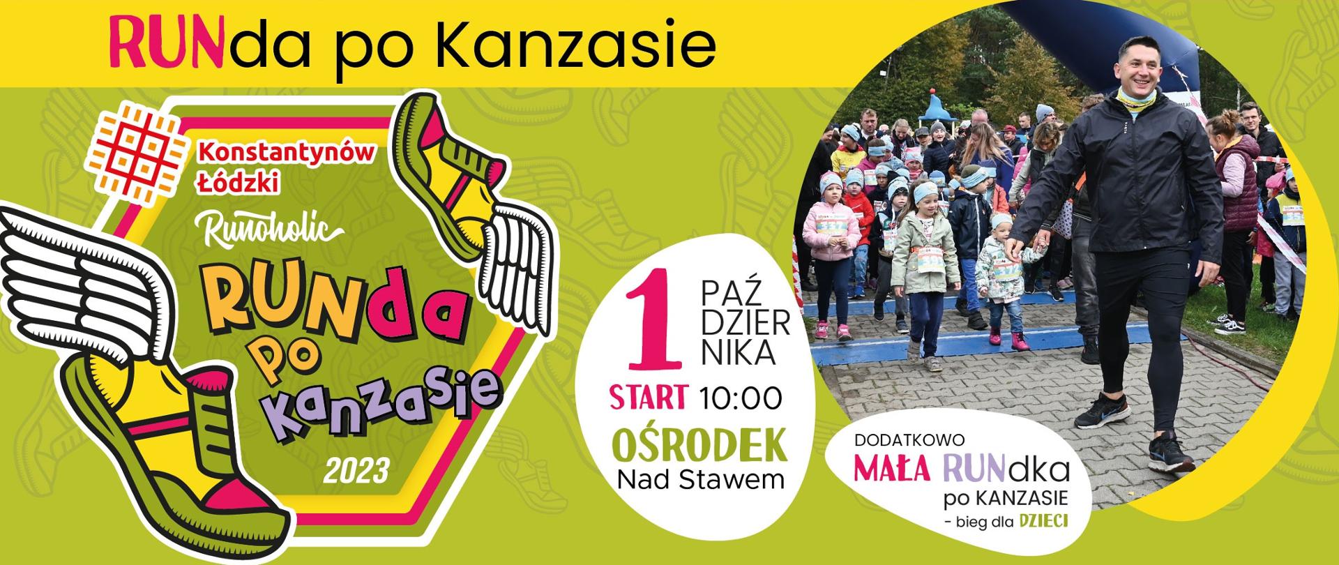 Plakat. Trzecia sztafeta charytatywna. RUNda po Kanzasie. Z lewej logo biegu — trampki ze skrzydłami. 1 października start 10.00 Ośrodek nad Stawem. Dodatkowo mała RUNdka po Kanzasie — bieg dla dzieci.