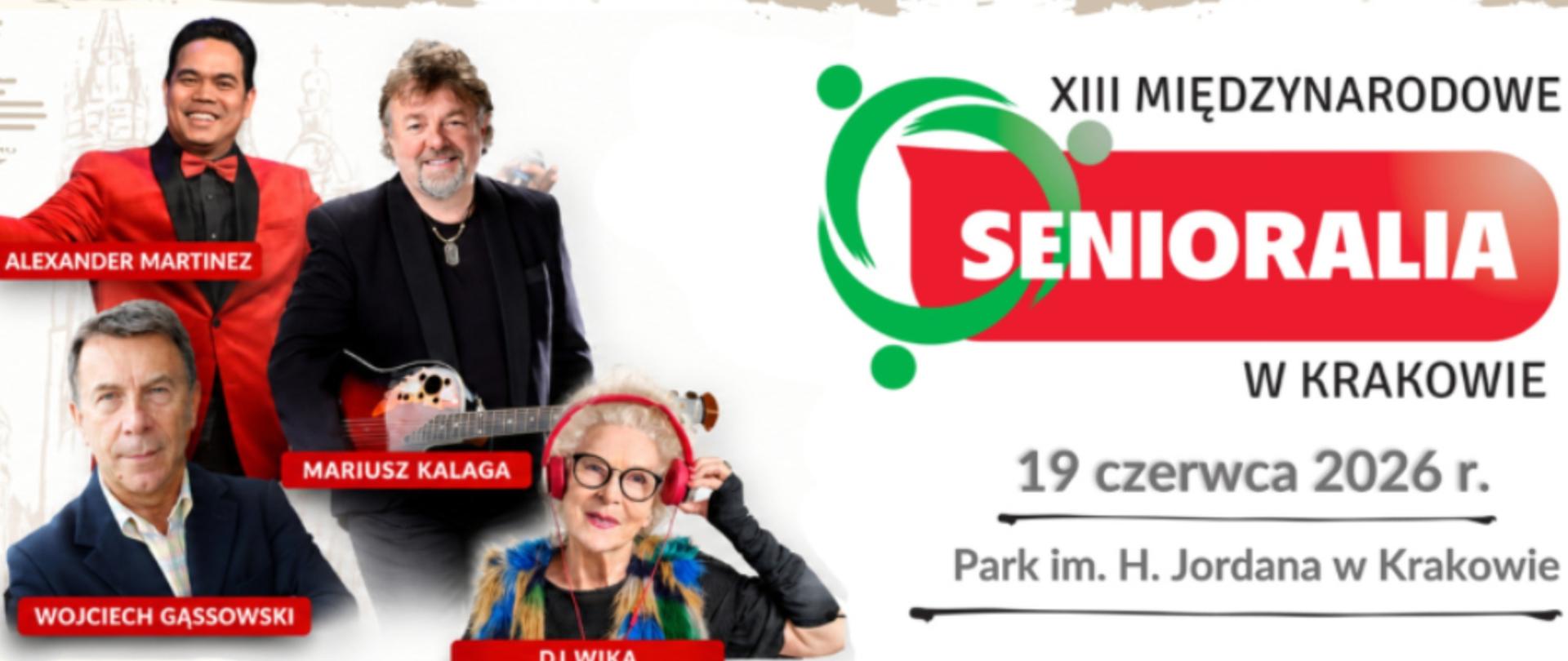 Plakat wydarzenia „XIII Międzynarodowe Senioralia w Krakowie” z datą 19 czerwca 2026 r., przedstawiający zdjęcia artystów oraz logo imprezy i informację o lokalizacji w Parku im. H. Jordana w Krakowie.