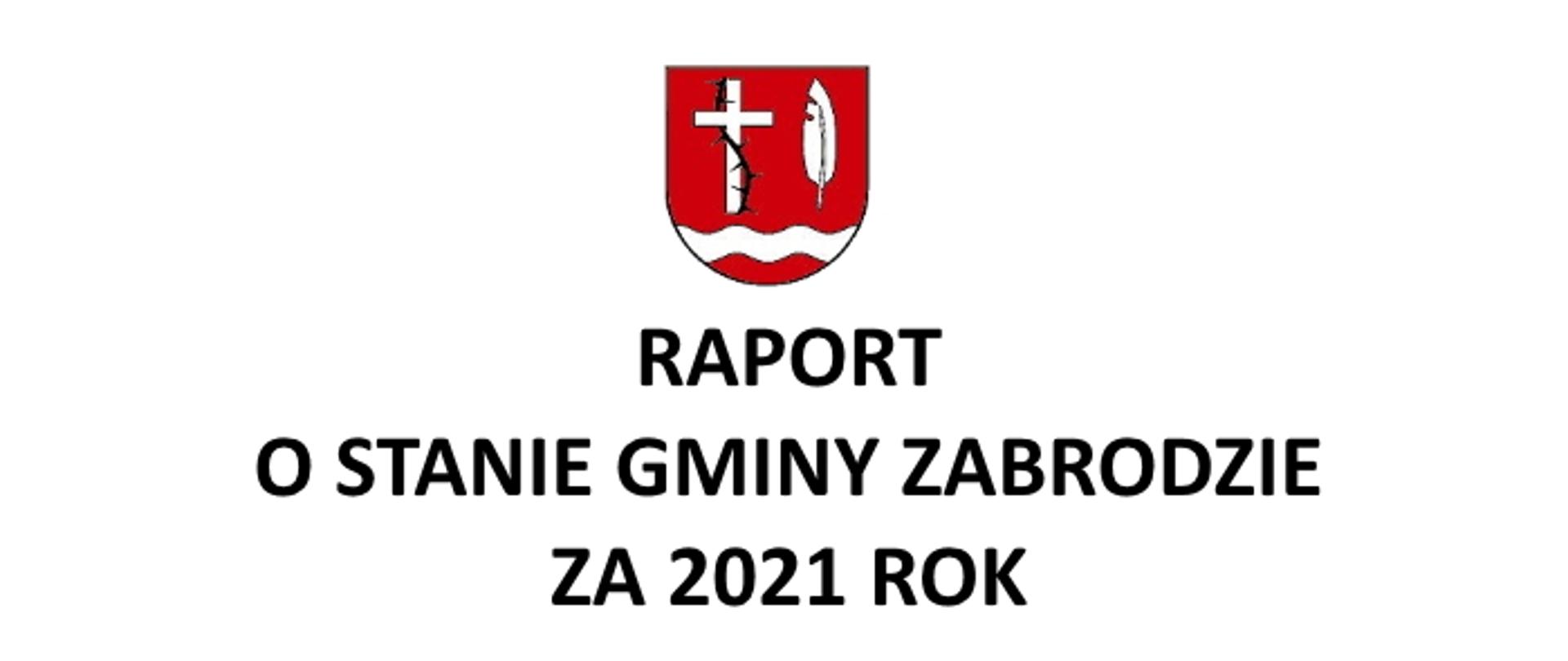 Czerwony herb z białym krzyżem oplecionym cierniami, piórem i poniżej rzeką. Raport o stanie Gminy Zabrodzie za 2021 rok