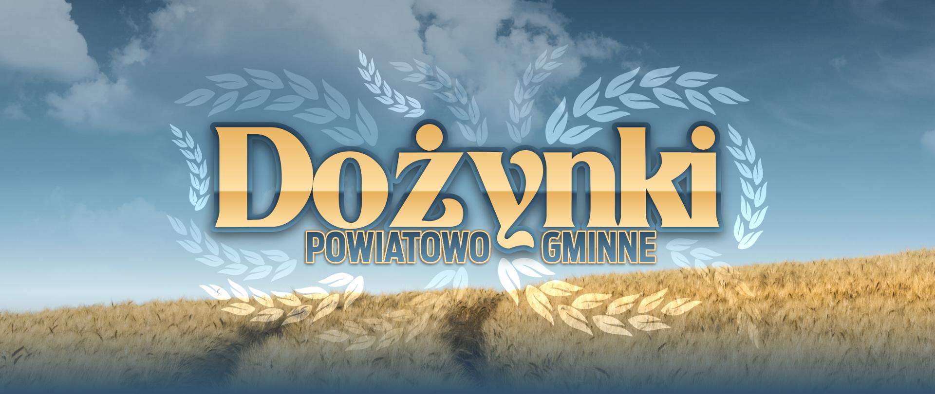 Na grafice widać pole dojrzałego, złotego zboża, nad którym rozciąga się błękitne niebo z lekkimi chmurami. W centralnej części, na tle nieba, znajduje się stylizowany, złoty napis "Dożynki", pod którym mniejszymi, złotymi literami napisano "POWIATOWO-GMINNE". Napisy otoczone są delikatnym, białym wieńcem z kłosów zbóż.