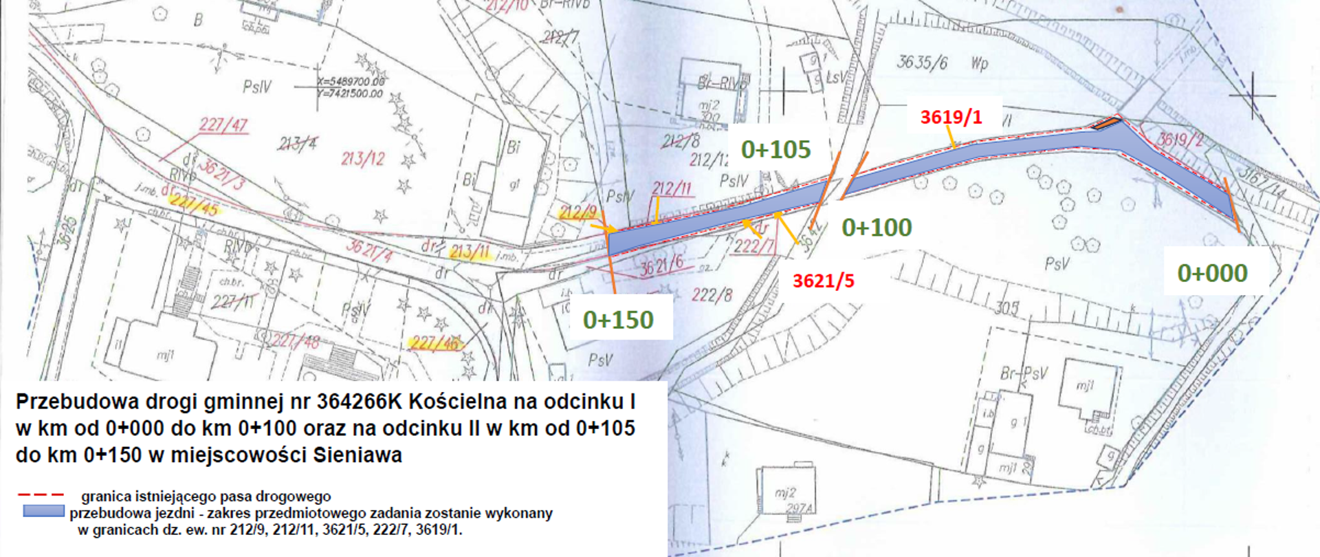 Mapa drogi gminnej nr 364266K Kościelna na odcinku I i II