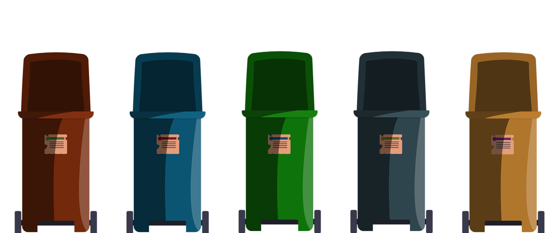 Ilustracja pięciu różnokolorowych pojemników na odpady