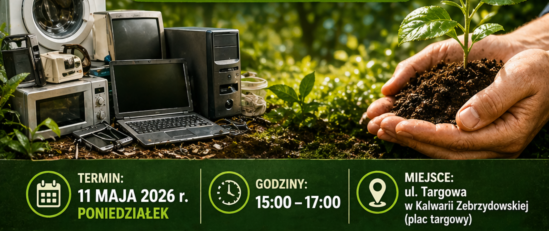 Plakat promujący akcję ekologiczną „Wymiana elektroodpadów na sadzonki”. Na tle zielonej, naturalnej scenerii z liśćmi i światłem słonecznym widoczne są po lewej stronie zużyte urządzenia elektroniczne, takie jak pralka, komputer, monitor i drobny sprzęt AGD, a po prawej dłonie trzymające młodą roślinę w ziemi. Centralnie umieszczony jest duży tytuł akcji oraz hasło zachęcające do dbania o środowisko.
Poniżej znajdują się szczegóły wydarzenia: termin – 11 maja 2026 roku (poniedziałek), godziny 15:00–17:00 oraz miejsce – ul. Targowa w Kalwarii Zebrzydowskiej (plac targowy). Dolna część plakatu podzielona jest na dwie sekcje: lista elektroodpadów możliwych do oddania (m.in. pralki, lodówki, telewizory, komputery, telefony, baterie) oraz informacja o otrzymaniu sadzonek roślin w zamian, z zaznaczeniem ograniczonej liczby.