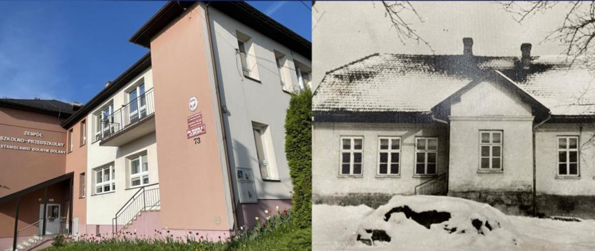 Współczesna i archiwalna (czarno-biała) fotografia budynku szkoły