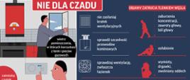 Infografika dotycząca zachowania i objawów zatrucia czadem