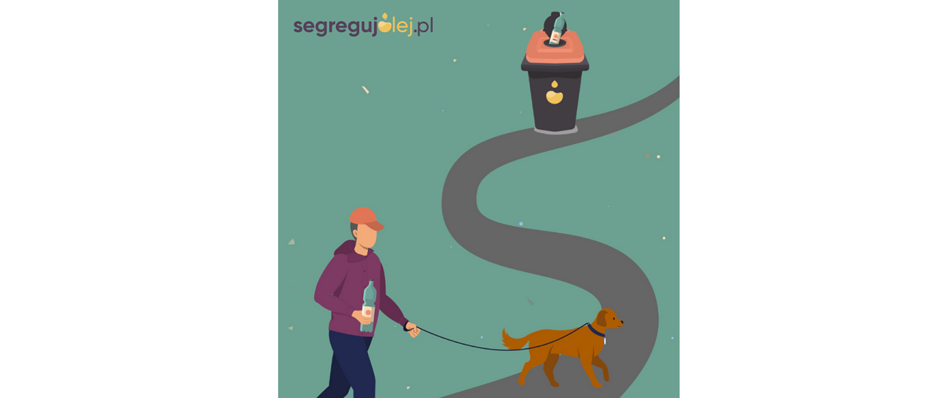 Plakat segregujolej.pl. Na obrazku mężczyzna spaceruje z psem na smyczy w kierunku pojemnika na zużyte oleje jadalne. W ręku trzyma butelkę PET wypełnioną olejem