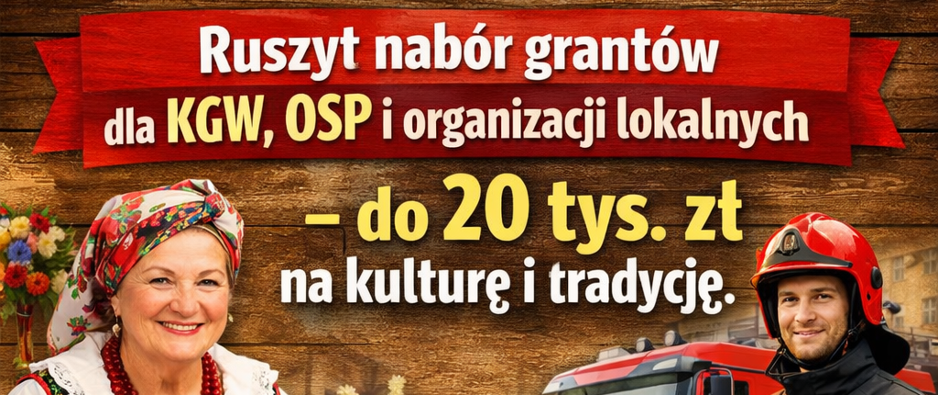 Grafika informacyjna o rozpoczęciu naboru grantów dla kół gospodyń wiejskich (KGW), jednostek OSP i organizacji lokalnych. Na drewnianym tle widnieje napis: „Ruszył nabór grantów dla KGW, OSP i organizacji lokalnych – do 20 tys. zł na kulturę i tradycję”. Po lewej stronie znajduje się kobieta w stroju ludowym z koszem tradycyjnych wypieków, a na dole para tańcząca w strojach regionalnych.