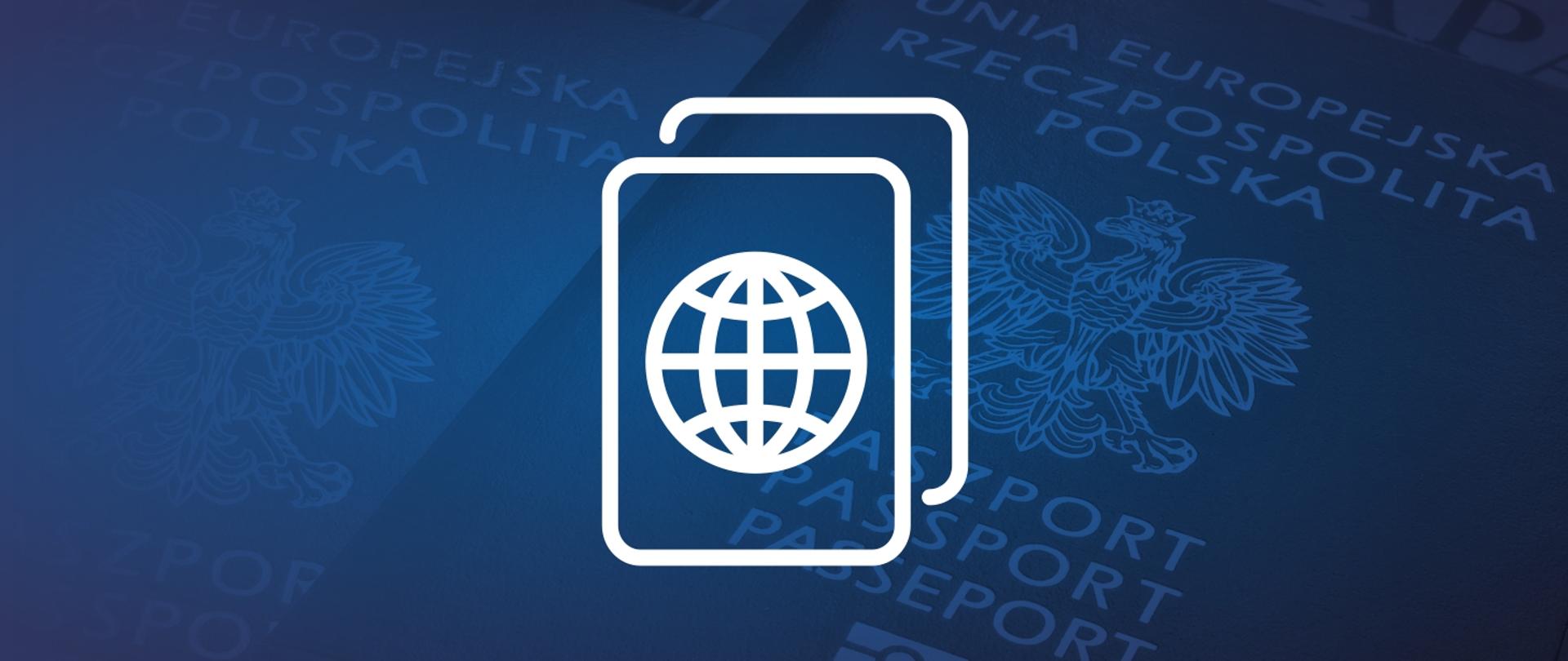 Grafika przedstawia ikonę symbolizującą paszpot. Ikona znajduje się na niebieskim tle.