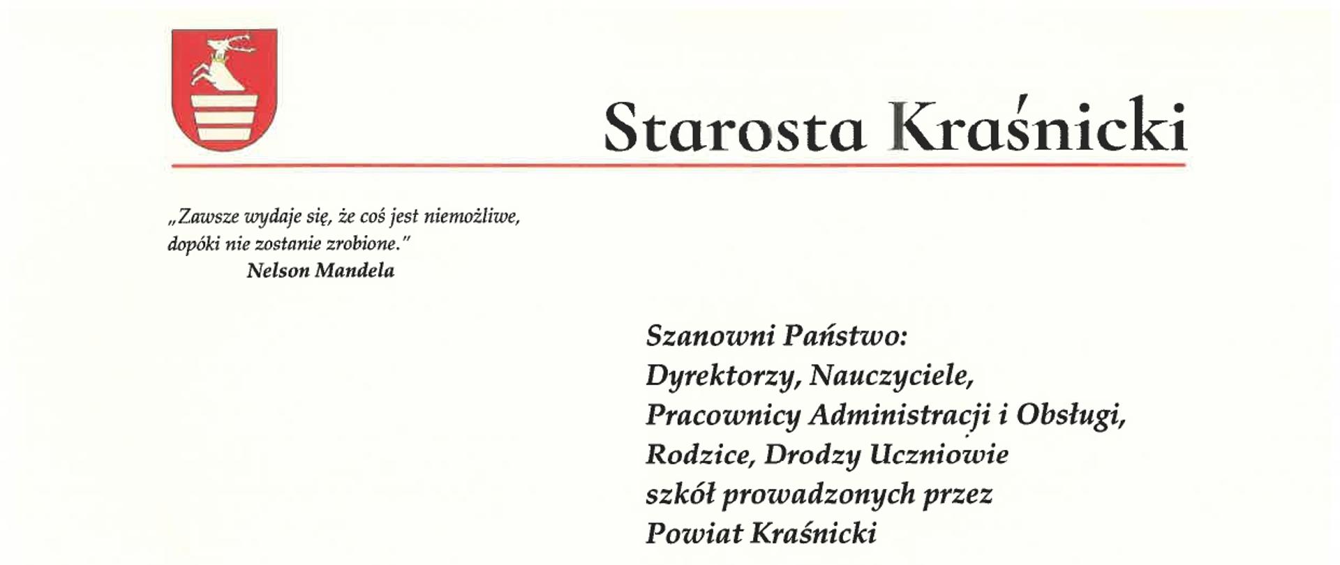 Zdjęcie przedstawia list Starosty Kraśnickiego na rozpoczęcie roku szkolnego 2026/2027