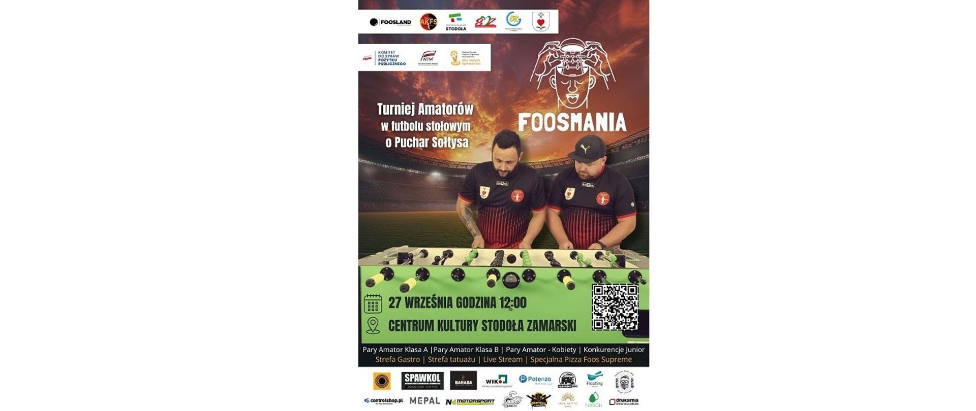 Plakat imprezy. Turniej Amatorów w Futbolu Stołowym o Puchar Sołtysa Foosmania. 27 września godzina 12.00. Centrum Kultury Stodoła Zamarski
