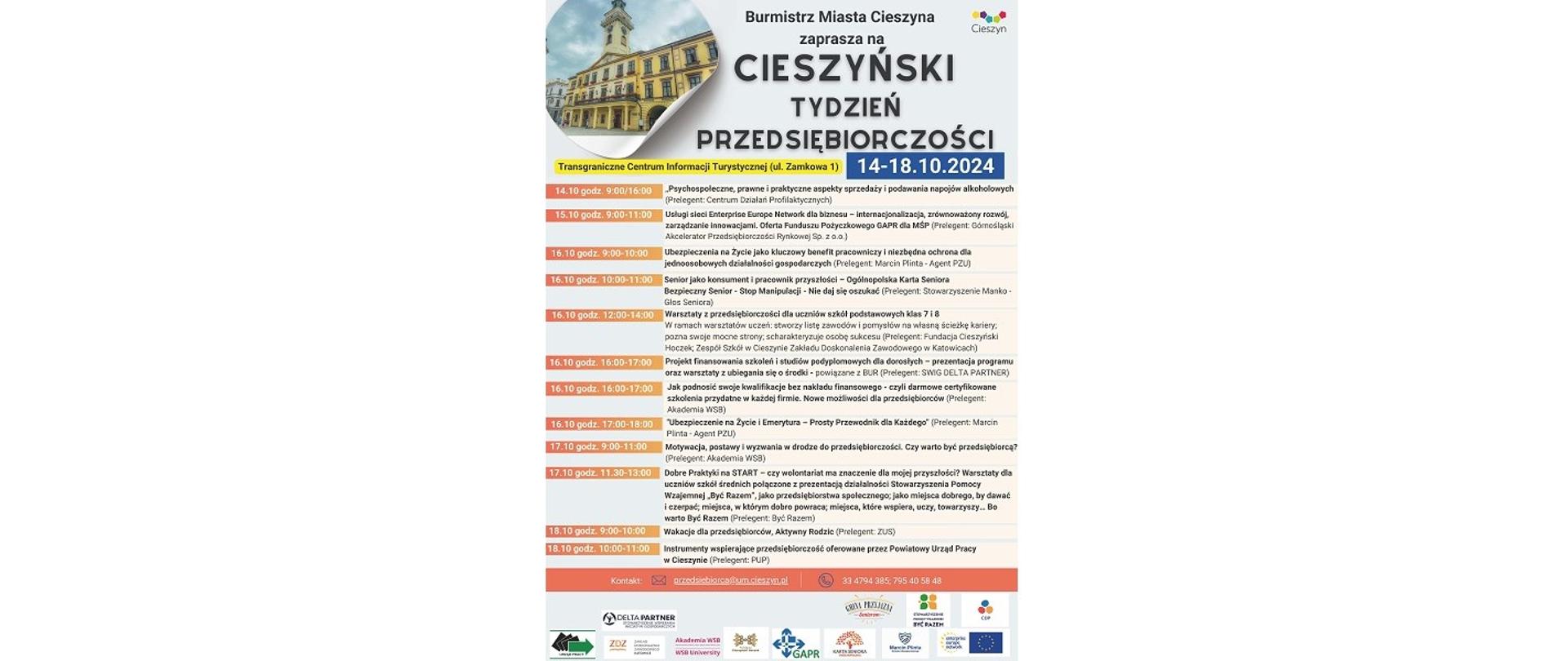 Plakat imprezy. Burmistrz Miasta Cieszyna zaprasza na Cieszyński Tydzień Przedsiębiorczości. Transgraniczne Centrum Informacji Turystycznej (ul. Zamkowa 1). 14-18.10.2024