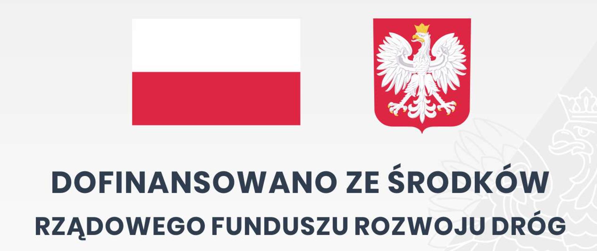 Tablica informacyjna inwestycji zrealizowanej dzięki dofinansowaniu ze Środków Rządowego Funduszu Rozwoju Dróg - nazwa zadania, kwota dofinansowania, wartość inwestycji, flaga i godło Polski