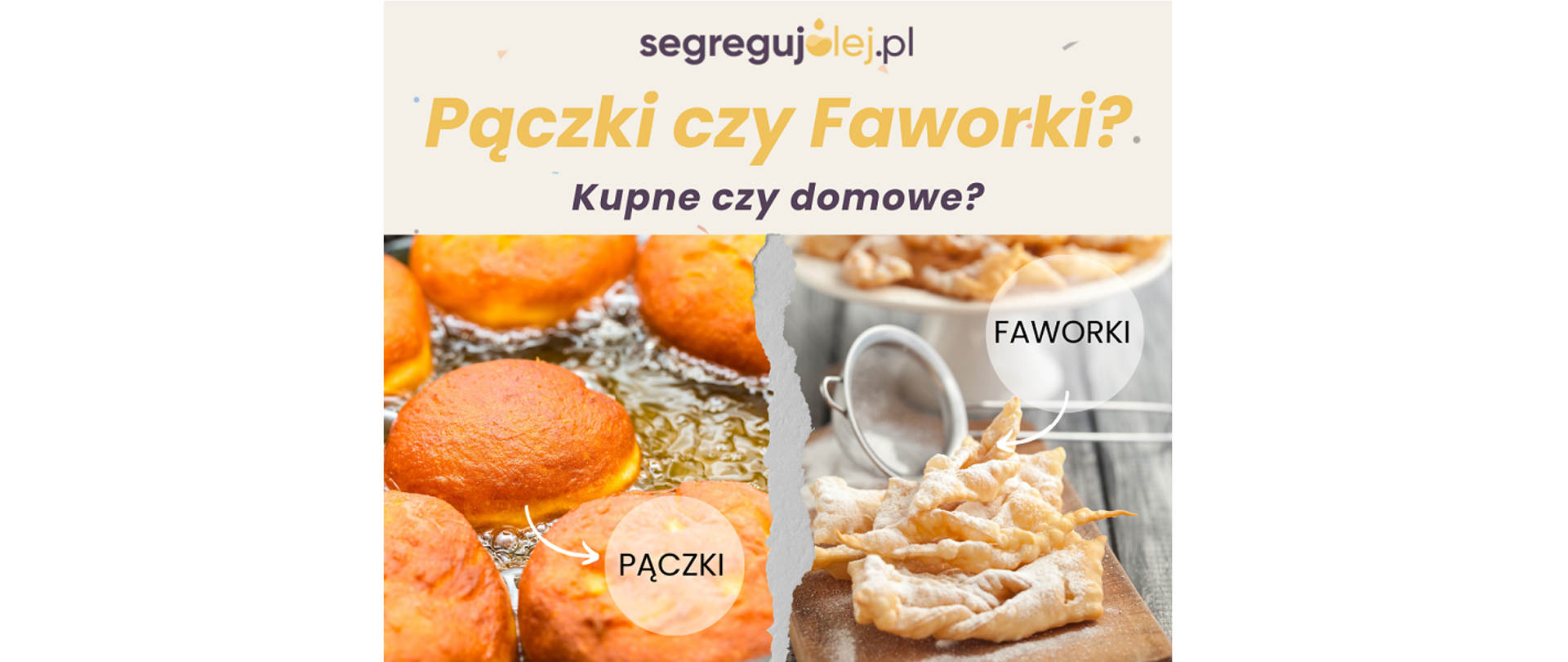 Plakat segregujolej.pl. Pączki czy faworki? Kupne czy domowe? Na obrazku pączki i faworki