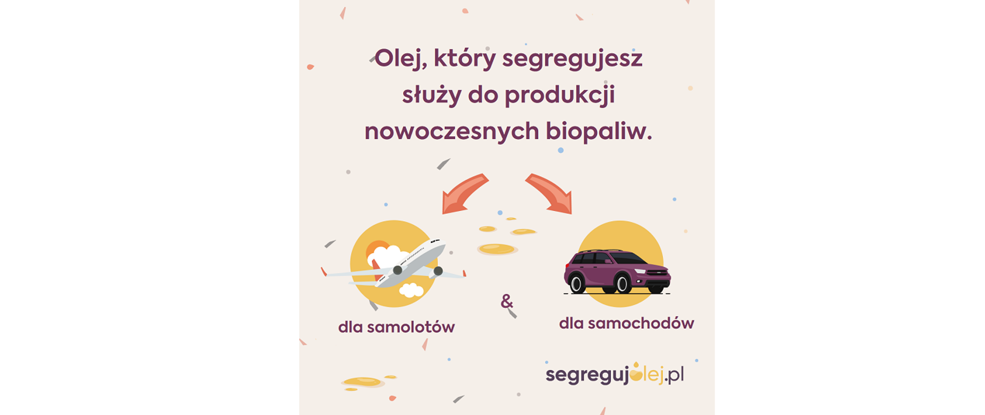 Olej, który segregujesz, służy do produkcji biopaliw dla samolotów i samochodów. Na ilustracjach lecący samolot pasażerski i jadący samochód.