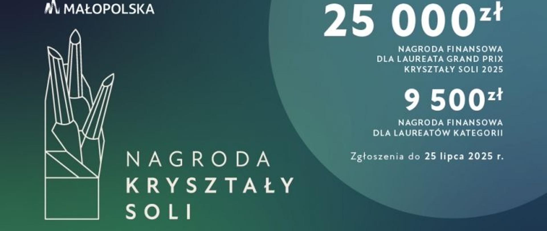 Nagroda Kryształy Soli plakat, z opisem nagród 25 000 zł dla laureata grand prix a 9 500zł nagroda finansowa dla laureatów kategorii. Termin zgłoszeń do 25 lipca 2025r.
