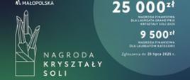 Nagroda Kryształy Soli plakat, z opisem nagród 25 000 zł dla laureata grand prix a 9 500zł nagroda finansowa dla laureatów kategorii. Termin zgłoszeń do 25 lipca 2025r.