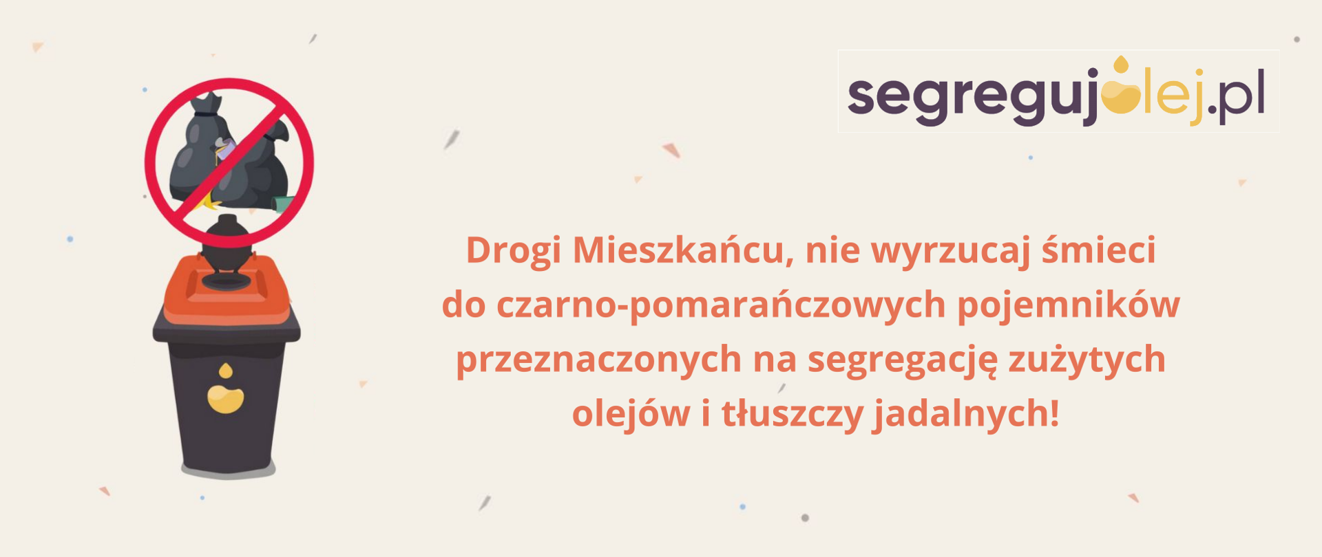 Rysunek - czarny pojemnik z pomarańczową pokrywą, nad nim przekreślone worki ze śmieciami