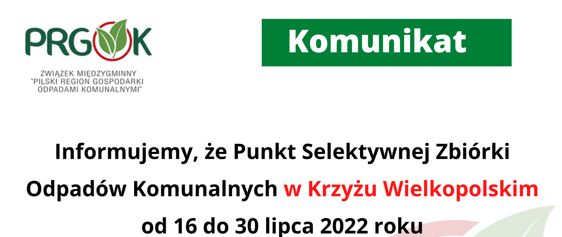 PSZOK - nieczynny 16-30.07.2022