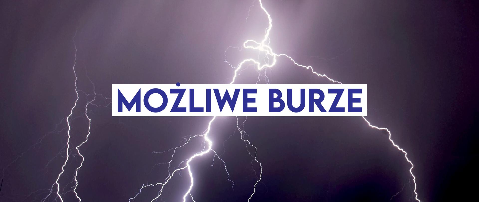 Grafika ostrzegawcza z błyskawicami na ciemnym niebie. Na środku widoczny napis „Możliwe burze”.