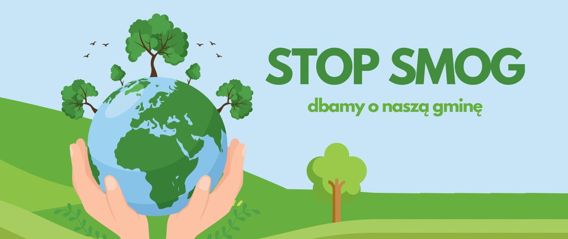 łąki i drzewa na rysunku, dłonie podtrzymujące kulę ziemską