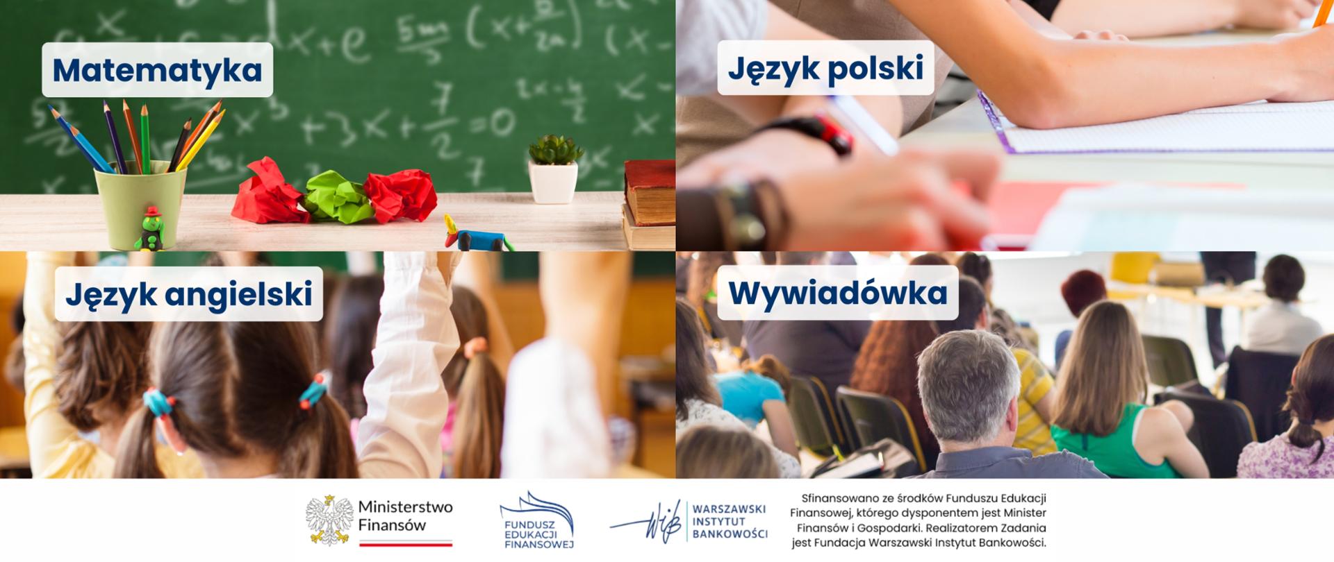 Tablica szkolna z zapisanymi wzorami matematycznymi oraz biurko z przyborami szkolnymi i owocem. Grafika promująca materiały do nauczania zagadnień finansowych w klasach IV–VIII z matematyki. Dołem logotypy na białym tle.