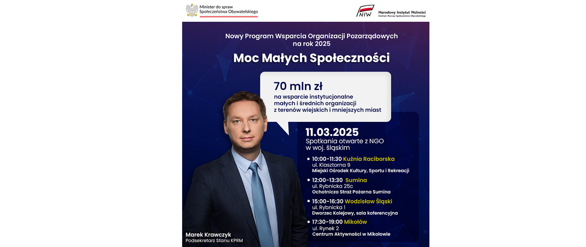 Plakat. Nowy Program Wsparcia Organizacji Pozarządowych na rok 2025. Moc Małych Społeczności. Spotkania otwarte z NGO