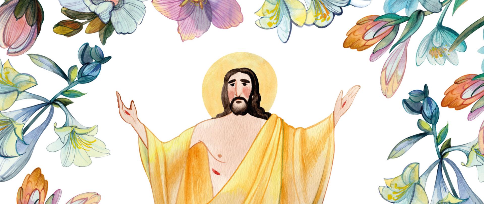 Na grafice znajduję sie podobieństwo Zmartwychwstałego Jezusa z rozpostartymi rękoma