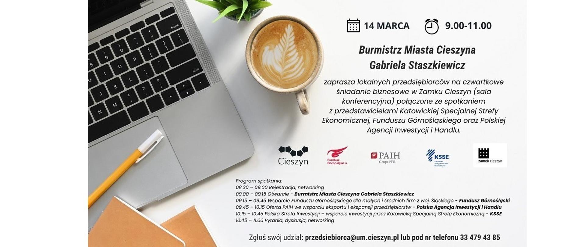 Plakat „Spotkania Biznesowego”. 14 marca. 9.00 – 11.00. Burmistrz Miasta Cieszyna Gabriela Staszkiewicz zaprasza lokalnych przedsiębiorców na czwartkowe śniadanie biznesowe na Zamku Cieszyn.